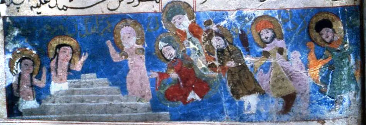 m71 · Resurrection of Warqah and Gulshāh by the Prophet. Behind him his four friends and future caliphs, a · 1898×652 — Ayyûkî, Varka ve Gülşah minyatürü (Topkapı Sarayı Müzesi Kütüphanesi)