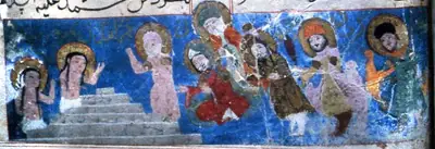 m71 · Resurrection of Warqah and Gulshāh by the Prophet. Behind him his four friends and future caliphs, a · 1898×652