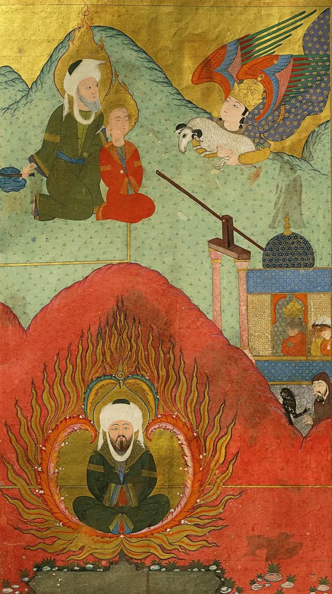 Istanbul, TİEM, Manuscript 1973, Zübdet-üt Tevarih, fol 25v Ibrahim sacrifices his son and Ibrahim cast into f (981×1756) — Zübdetü't-Tevârih minyatürü (Wikimedia Commons)