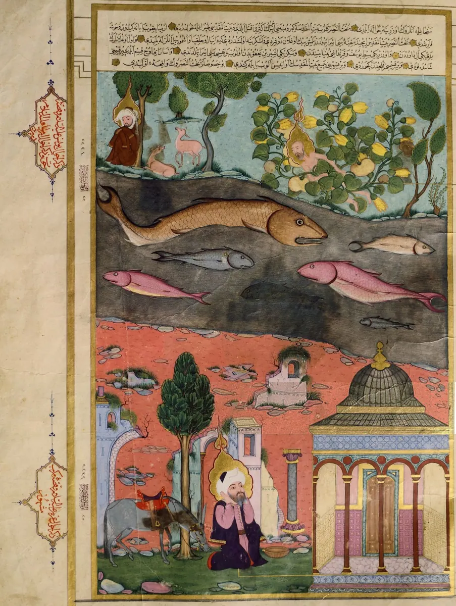 Istanbul, TİEM, Manuscript 1973, Zübdet-üt Tevarih, fol 38r Irmiya, Yunus and Uzayr uncropped (1329×1766) — Zübdetü't-Tevârih minyatürü (Wikimedia Commons)