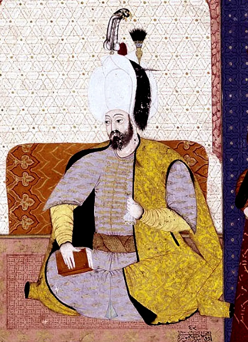Sultan Murad III (1546-1595) portrait. Miniature from “Zubdat al Tawarikh” (Ms. 1973, fol. 59b) by Seyyd Lokma (1473×2031) — Zübdetü't-Tevârih minyatürü (Wikimedia Commons)