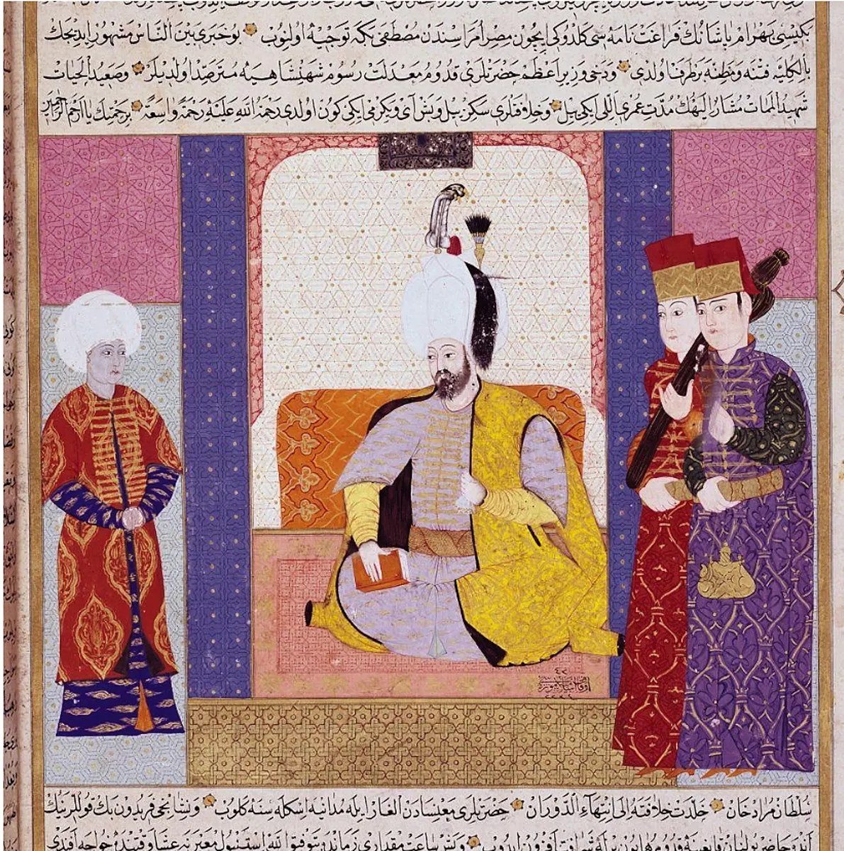 Sultan Murad III (1546-1595). Miniature from “Zubdat al Tawarikh” (Ms. 1973, fol. 59b) by Seyyd Lokman Ashuri  (3284×3310) — Zübdetü't-Tevârih minyatürü (Wikimedia Commons)