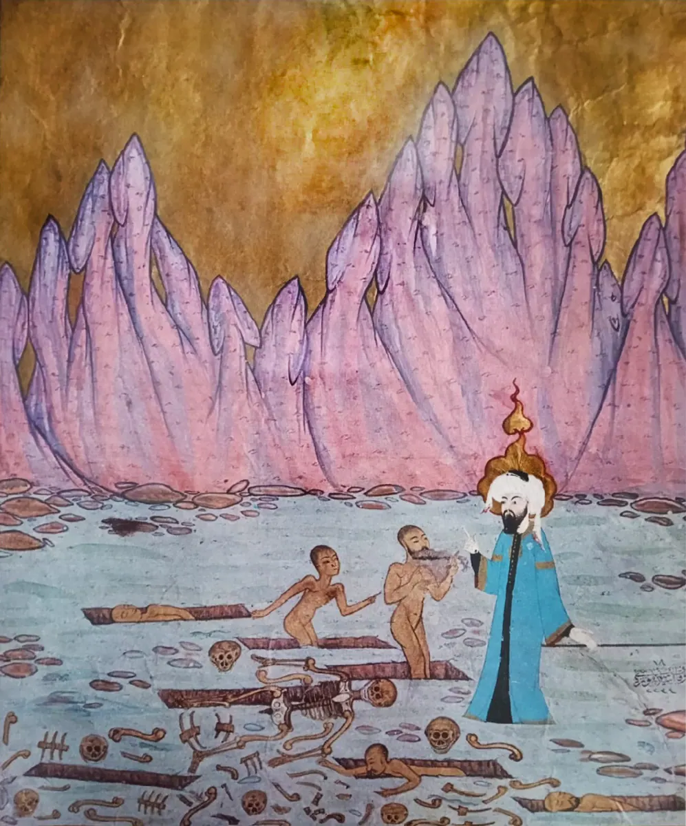 Istanbul, TİEM, Manuscript 1973, Zübdet-üt Tevarih, fol 67v Hazqiyal raising the dead (1182×1423) — Zübdetü't-Tevârih minyatürü (Wikimedia Commons)