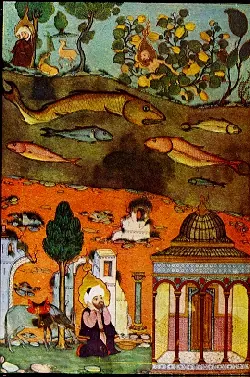 Jonah and the fish Jeremiah in wilderness Uzeyr awakened after the destruction of Jerusalem (250×377) — Zübdetü't-Tevârih minyatürü (Wikimedia Commons)