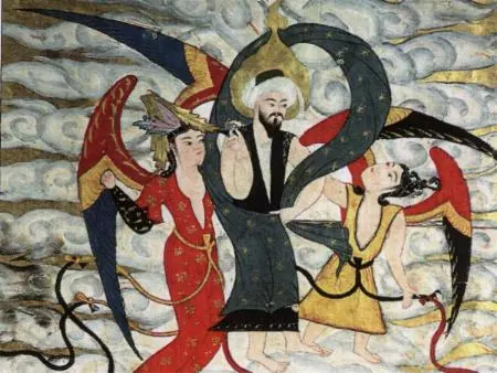 Mohammed on Heaven (detailed - from Topkapı Palace Museum) (450×338) — Zübdetü't-Tevârih minyatürü (Wikimedia Commons)